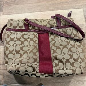 Coach Beige Canvas Tote with Burgundy Stripe